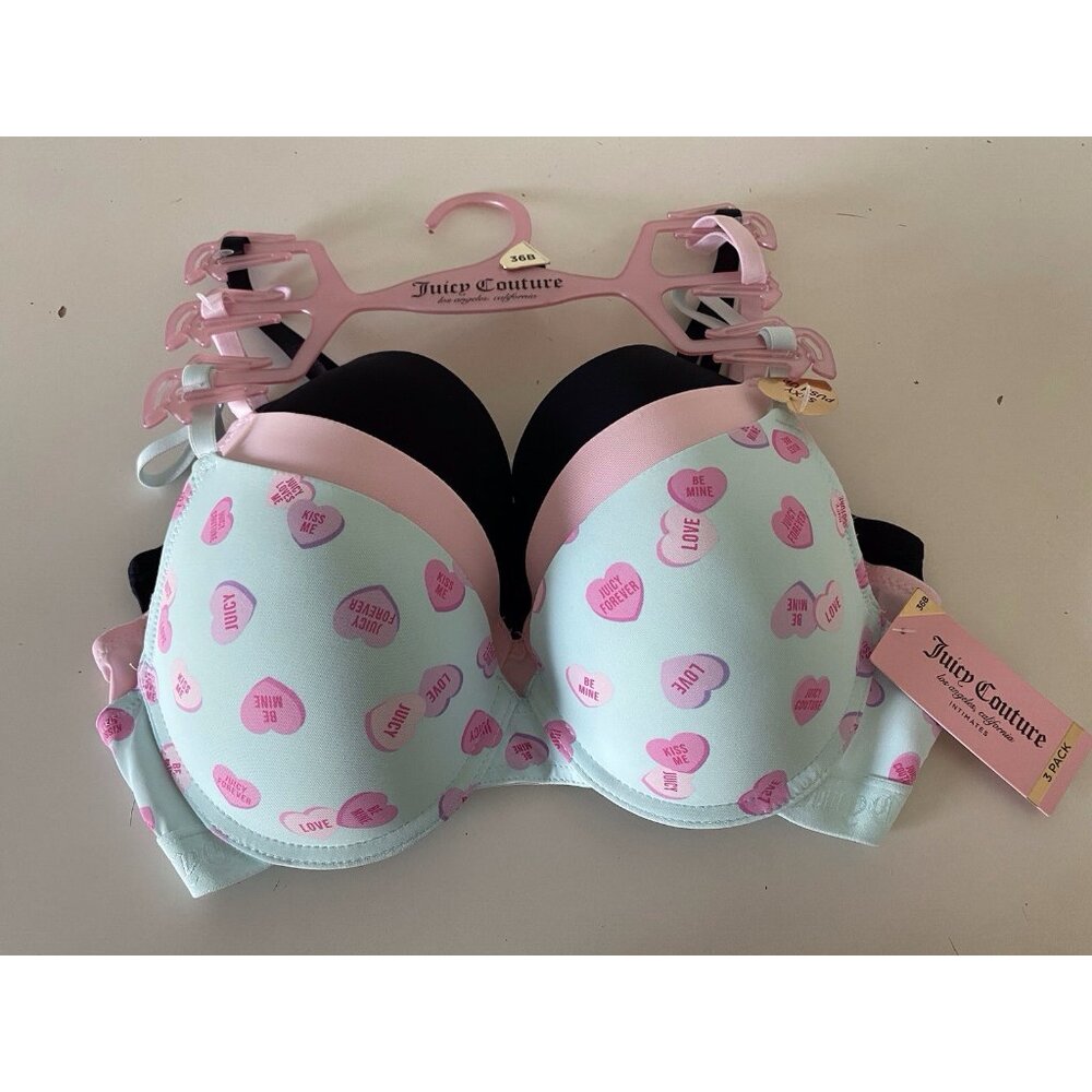 3 Pack Juicy Couture Sexy Push Up Bra Size 36B Conversation Hearts Blue Pink NEW